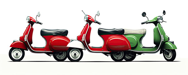 Moped motocycle in green red white color against blank background