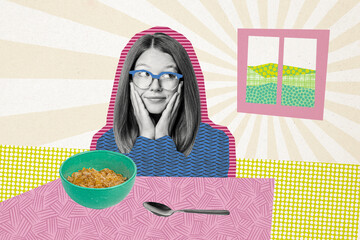 Composite photo collage of nice teenage girl anticipate walk outdoors eat breakfast cereal bowl...