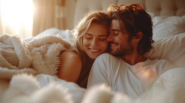 Young couple in love hugging and kissing in bed