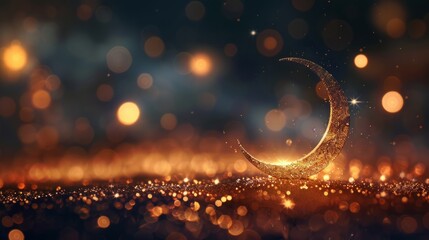 Radiant ramadan kareem: serene moon gleaming amidst shimmering glitter and abstract, softly focused lights - obrazy, fototapety, plakaty