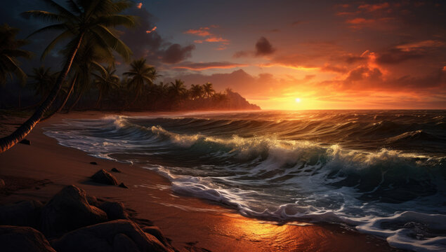 Sunset Sea water ocean wave.