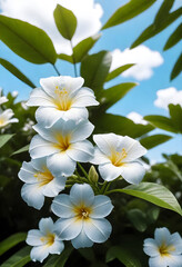 Fototapeta premium white plumeria flowers with yellow centers against a blue sky