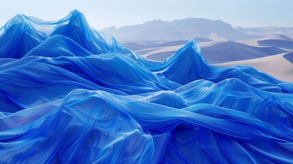 the facade of dune is completely covered with blue silk fabric very puffy hypersize disproportionate in size