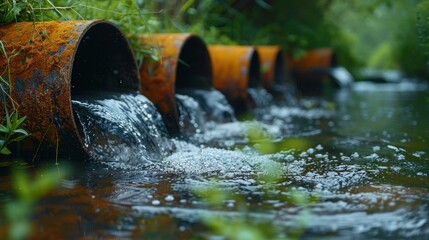 Environmental damage concept, Industrial and factory wastewater discharge pipe into the canal and sea, dirty water pollution