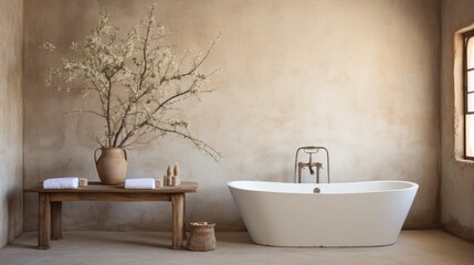 Fototapeta na wymiar Sleek modern bathroom with bath tub against beige concrete wall in kinfolk inspired design