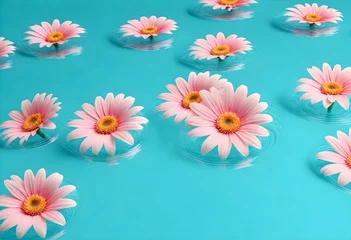 Fototapeten pink daisy flowers floating in water on a blue surface © David Angkawijaya