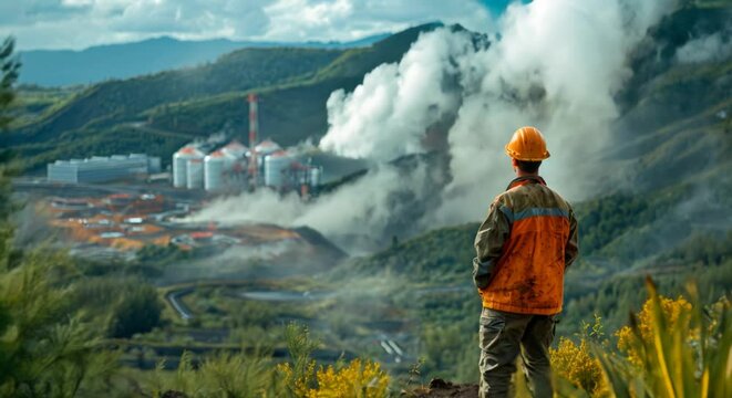 An engineer wearing a hard hat stands and looks at an industrial factory from a height.