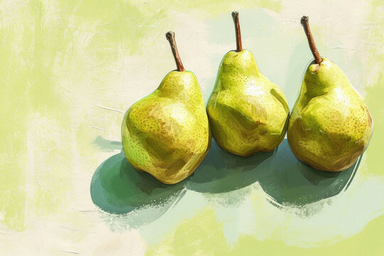 Still life artwork of three ripe pears on green background in horizontal composition