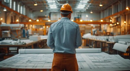 Engineer analyzing architectural blueprints