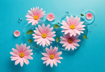 pink daisy flowers floating in water with leaves