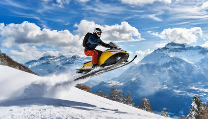 Side view of a man landing a jump on a snowmobile in a snowy landscape. Snow-capped peaks and blue sky with clouds in the background. Generative Ai.