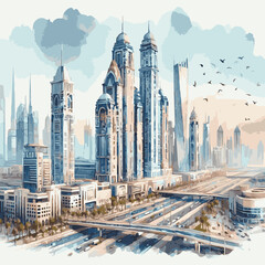 watercolor of Dubai skylines isolated on white background - obrazy, fototapety, plakaty