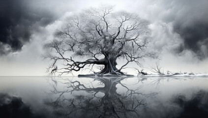 Picturesque view of leafless lonely tree growing and reflecting in lake. - obrazy, fototapety, plakaty
