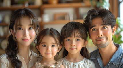 Portrait of an happy Japanese family with the mother and father and children girls in middle