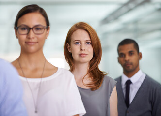 Portrait, team and business woman in queue at office or workplace for job of entrepreneur. Face, group and professional people in a row together for cooperation or collaboration of diverse advisors