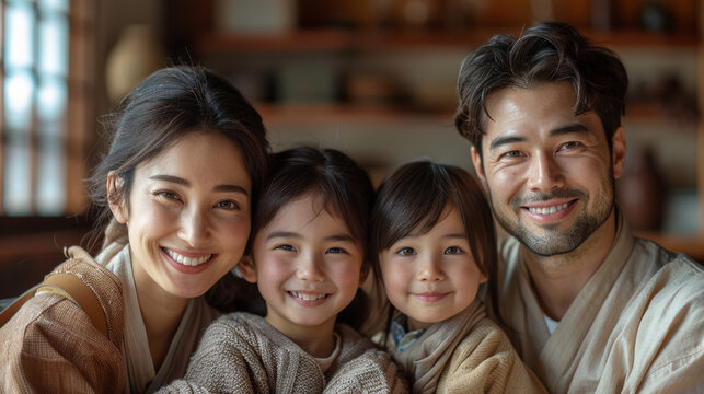 Portrait of an happy Japanese family with the mother and father and children girl and boy in middle