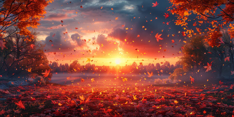 Banner background with autumn landscape with copy space , sun low over the horizon at sunrise in fall panorama view with red trees and falling leaves