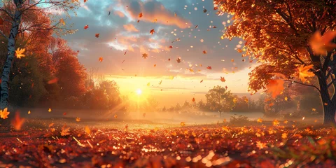 Schilderijen op glas Banner background with autumn landscape with copy space , sun low over the horizon at sunrise in fall panorama view with red trees and falling leaves © Keitma