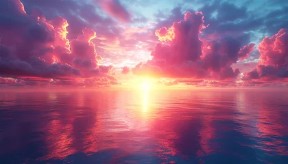 Fotobehang Ocean sunset. Magical dramatic sea sunset. Burning sky and shining golden waves. Sunset sea 4k. Red sky, yellow sun and amazing sea. Summer sunset seascape. Colorful pink and golden colors © annebel146
