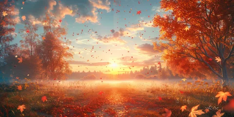 Foto op Canvas Banner background with autumn landscape with copy space , sun low over the horizon at sunrise in fall panorama view with red trees and falling leaves © Keitma