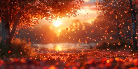 Foto op Aluminium Banner background with autumn landscape with copy space , sun low over the horizon at sunrise in fall panorama view with red trees and falling leaves © Keitma
