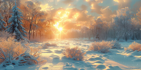 Banner background with winter landscape with copy space , sun low over the horizon at sunrise in wintery panorama view with white trees and falling snow - obrazy, fototapety, plakaty