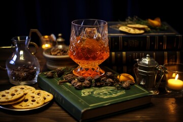 Glass of wine on a book in a cozy and warm atmosphere, ideal for a relaxing evening at home