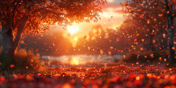 Banner background with autumn landscape with copy space , sun low over the horizon at sunrise in fall panorama view with red trees and falling leaves