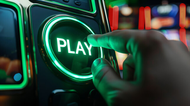 Man hand about to press a play button in a gaming room