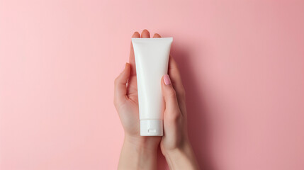 a woman's hand holds a tube of white facial cream on a soft pink background. Ai Generated Images