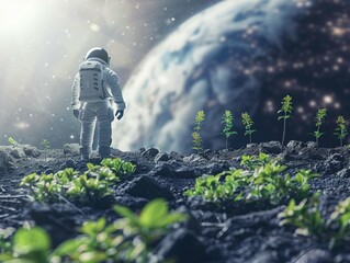 Astronaut admiring Earth from the moon - obrazy, fototapety, plakaty