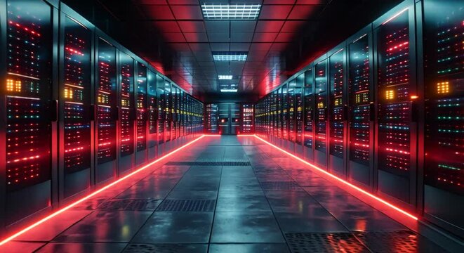 Large data center with rows of servers and LED lights