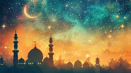 Eid celebration: vibrant ramadan islamic background with festive decorations and ornate calligraphy, symbolizing unity and joyous traditions - obrazy, fototapety, plakaty