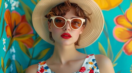 Stylish young woman wearing a dress complete with sunglasses and a hat. Channel the nostalgic vibe of summer travel with this lively pop art collage.