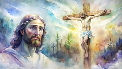 Jesus Dies on the Cross, The Crucifixion and Death, Powerful Christian Art Depicting Sacrifice, Redemption, and Divine Love for Easter | Religious Painting of Crucified Messiah and Resurrection - obrazy, fototapety, plakaty