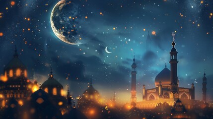  Islamic magical ramadan atmosphere: glowing mosque, crescent moon, and bokeh lights on islamic eid mubarak kareem background - obrazy, fototapety, plakaty
