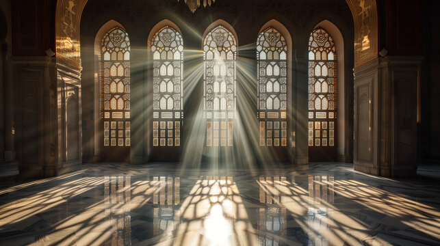 Sunlight streams in through the mosque's tall windows, creating beautiful light patterns on the marble floors. Ai Generated Images