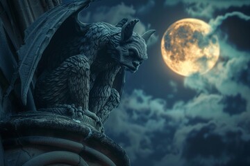Gargoyle perched atop a Gothic cathedral under a full moon