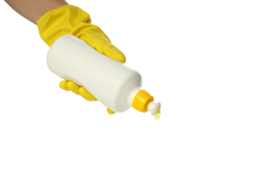 PNG,Bottle of detergent in hand, isolated on white background