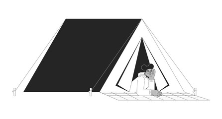 Black girl lying at camping tent black and white 2D line cartoon character. African-american female student isolated vector outline person. Wanderlust hiker woman monochromatic flat spot illustration