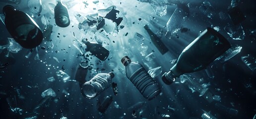 bottles and glasses floating in the ocean, symbolizing environmental pollution - obrazy, fototapety, plakaty