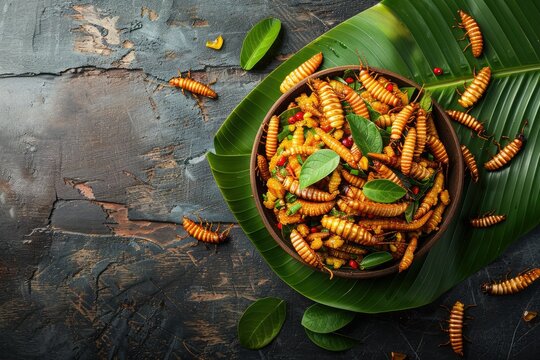 Fried silkworm or mealworm larvae in a wooden plate served with a green banana leaf. An alternative food, sustainable and environmentally friendly source of protein.
