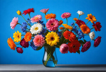 a vase filled with colorful flowers on a blue background