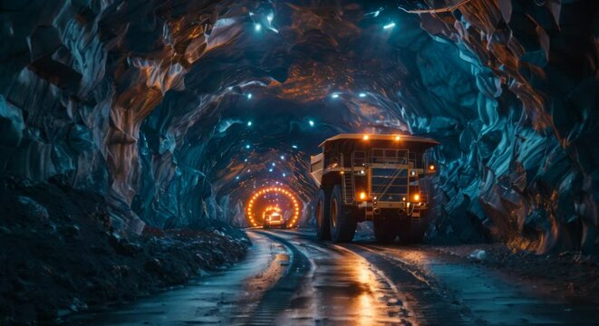 Underground mining with heavy machinery and workers