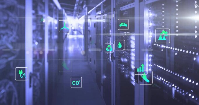 Animation of light spots and ecology icons over server room