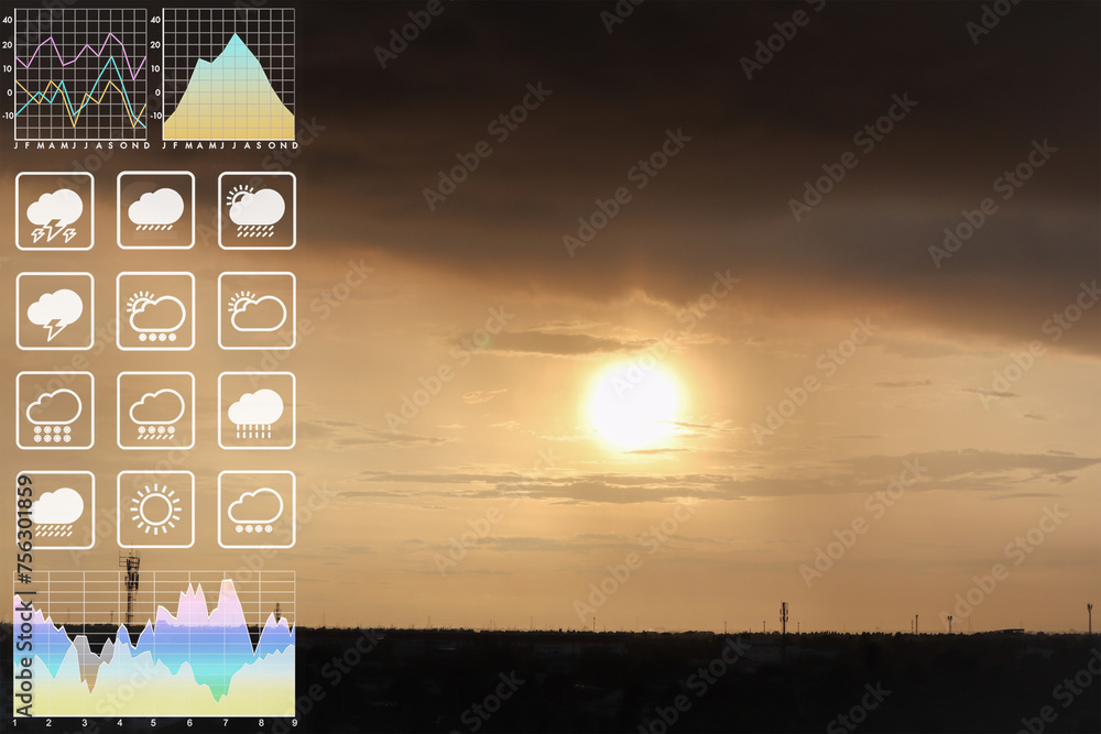 Wall mural weather forecast symbol data presentation with graph and chart on dramatic tropical storm clouds and