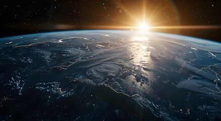 beautiful view of the earth from space with sun rising over it - obrazy, fototapety, plakaty