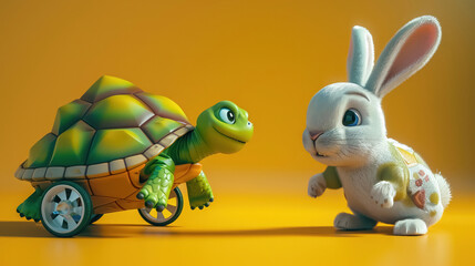 A cartoon 3D turtle equipped with racing wheels taking the lead against a determined rabbit