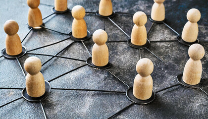 Close-up of a group of wooden figurines of people connected by black lines in a network. Communication and social networks, cooperation and collaboration concept. Generative Ai.