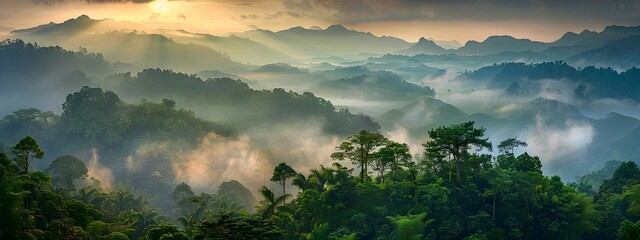 panoramic view of dense jungle forest with misty fog at sunrise, panoramic view of rainforest trees in mountainous terrain